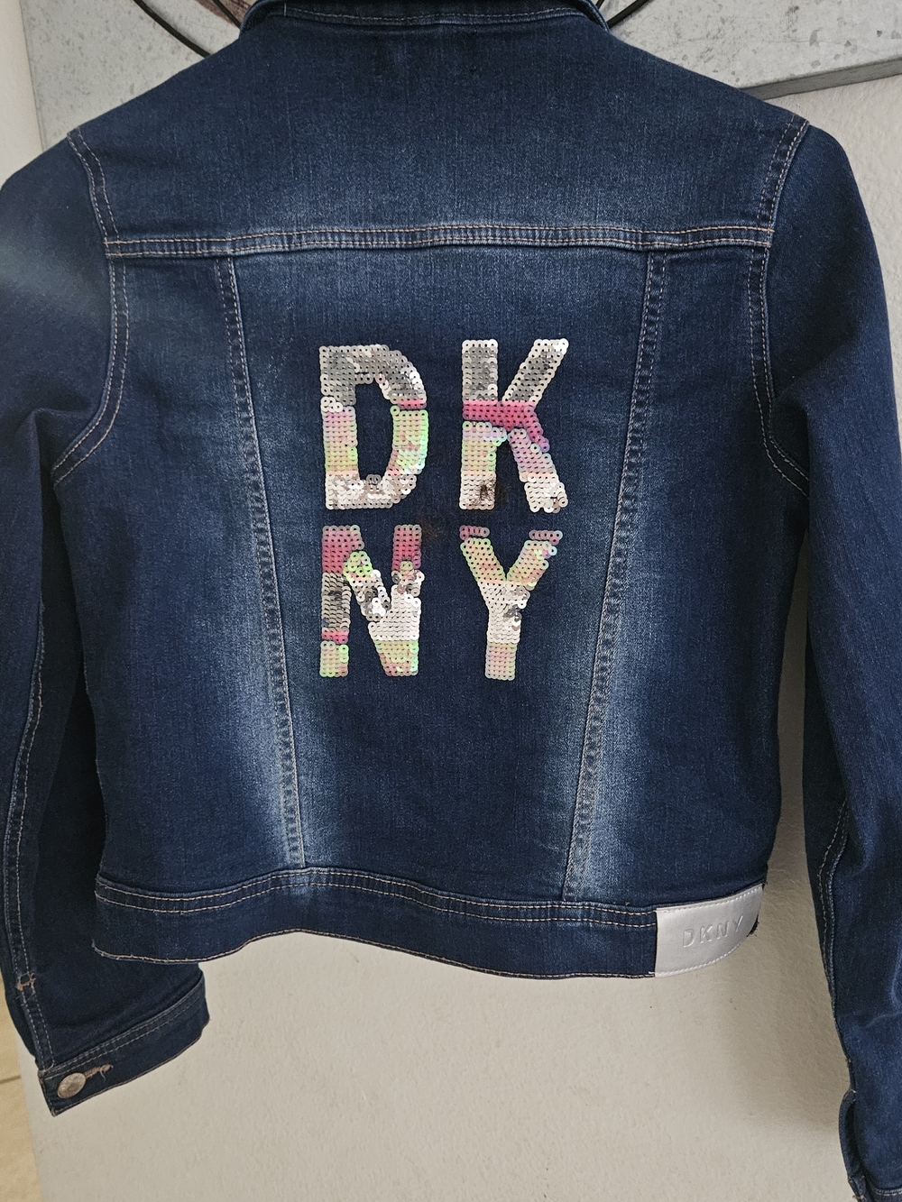 DKNY Girls' Dark Blue Denim Jacket with Multicolor Sequin Logo